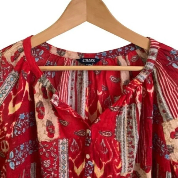 Chaps Patchwork Peasant Blouse Boho Aztec - Picture 3 of 8